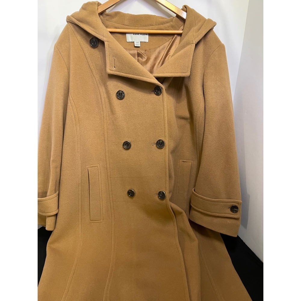 Anne Klein Womens Camel Wool Cashmere Blend Hooded Double Breasted Coat 24W